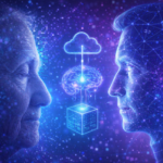 Illustrazione concettuale sulla digital immortality con volto umano e gemello digitale connessi da intelligenza artificiale