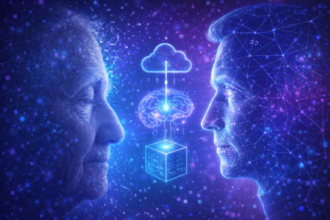 Illustrazione concettuale sulla digital immortality con volto umano e gemello digitale connessi da intelligenza artificiale
