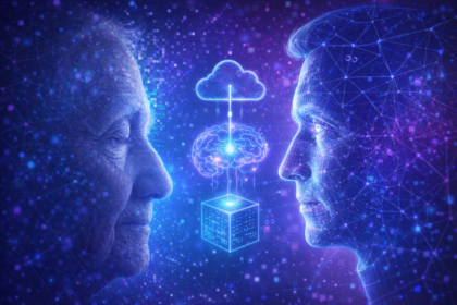 Illustrazione concettuale sulla digital immortality con volto umano e gemello digitale connessi da intelligenza artificiale